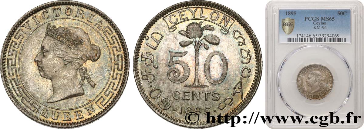CEYLON 50 Cents Victoria 1895  MS65 PCGS