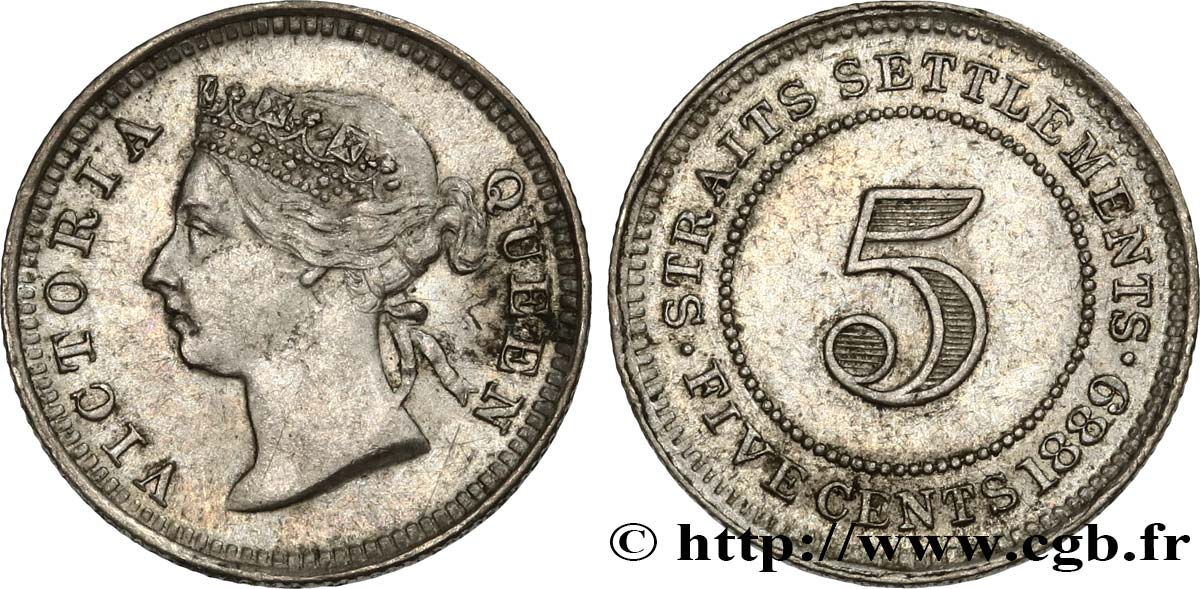 STRAITS SETTLEMENTS 5 Cents Victoria 1889  AU 