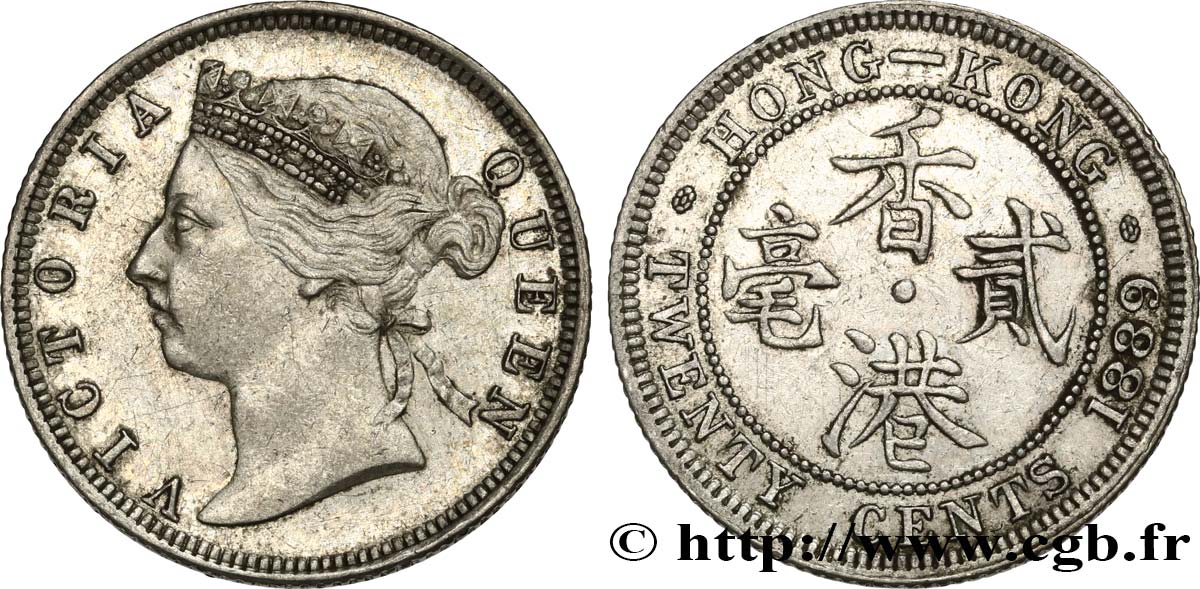 HONG KONG 20 Cents Victoria 1889  XF/AU 