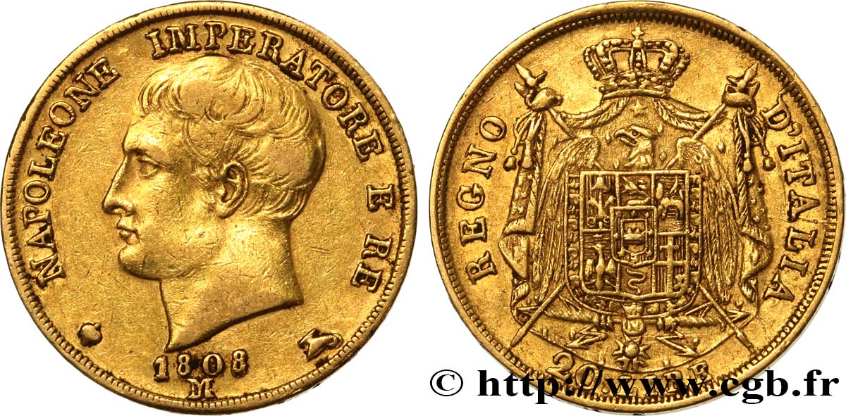 ITALY - KINGDOM OF ITALY - NAPOLEON I 20 Lire 1808 Milan XF/AU 