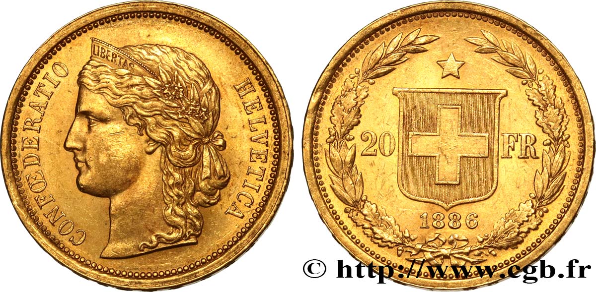 SWITZERLAND - CONFEDERATION OF HELVETIA 20 Francs Helvetia 1886 Berne AU 