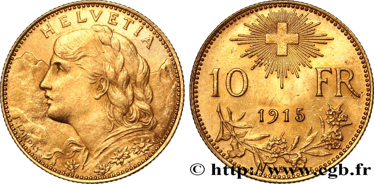 SWITZERLAND 10 Francs  Vreneli  1915 Berne  MS 