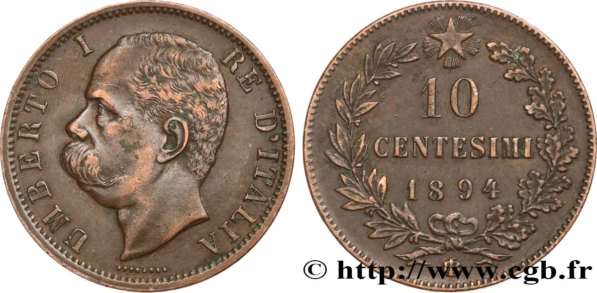 ITALIE 10 Centesimi Humbert Ier 1894 Birmingham TTB