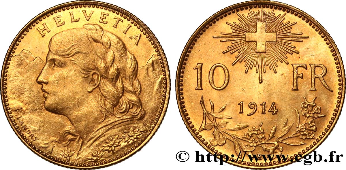 SWITZERLAND 10 Francs  Vreneli  1914 Berne MS 