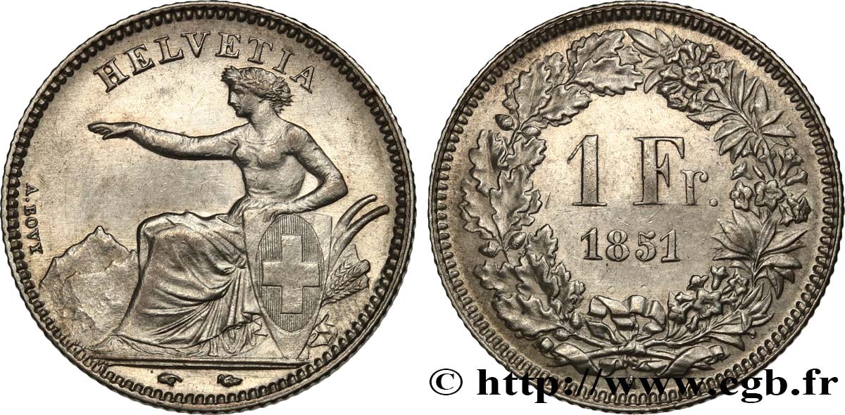 SWITZERLAND 1 Franc Helvetia assise 1851 Paris AU/AU 