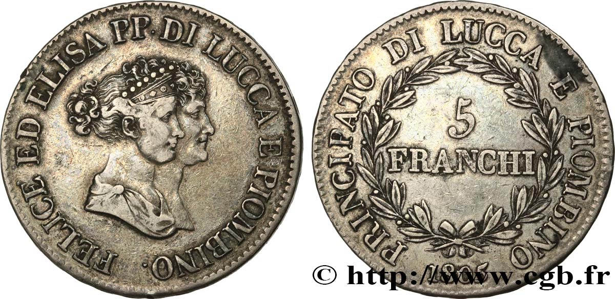 ITALY - LUCCA AND PIOMBINO 5 Franchi - Moyens bustes 1805 Florence VF/XF 