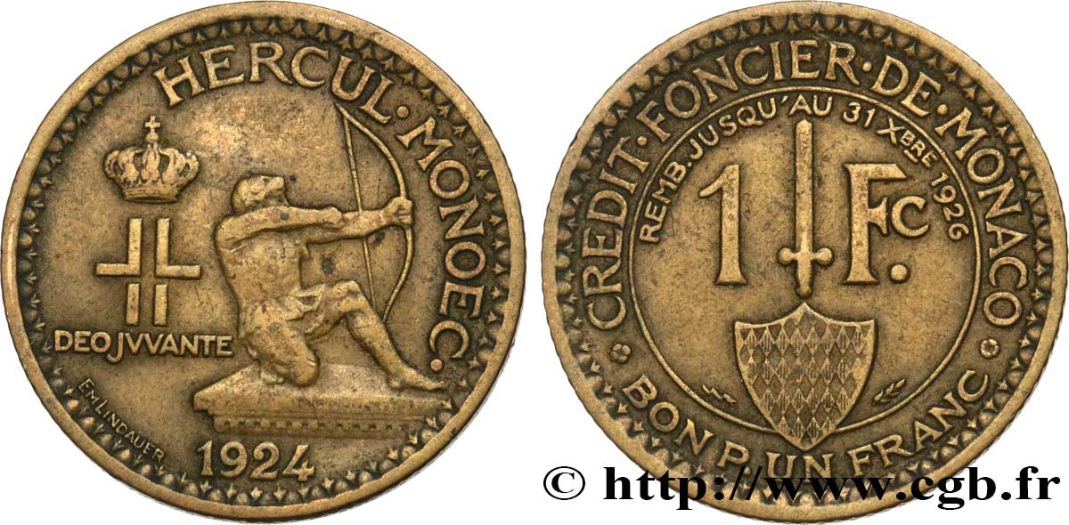 MONACO 1 Franc émission du Crédit Foncier de Monaco 1924 Poissy XF