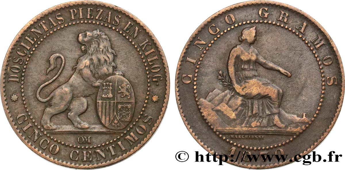 SPAIN 5 Centimos “ESPAÑA” 1870 Oeschger Mesdach & CO VF