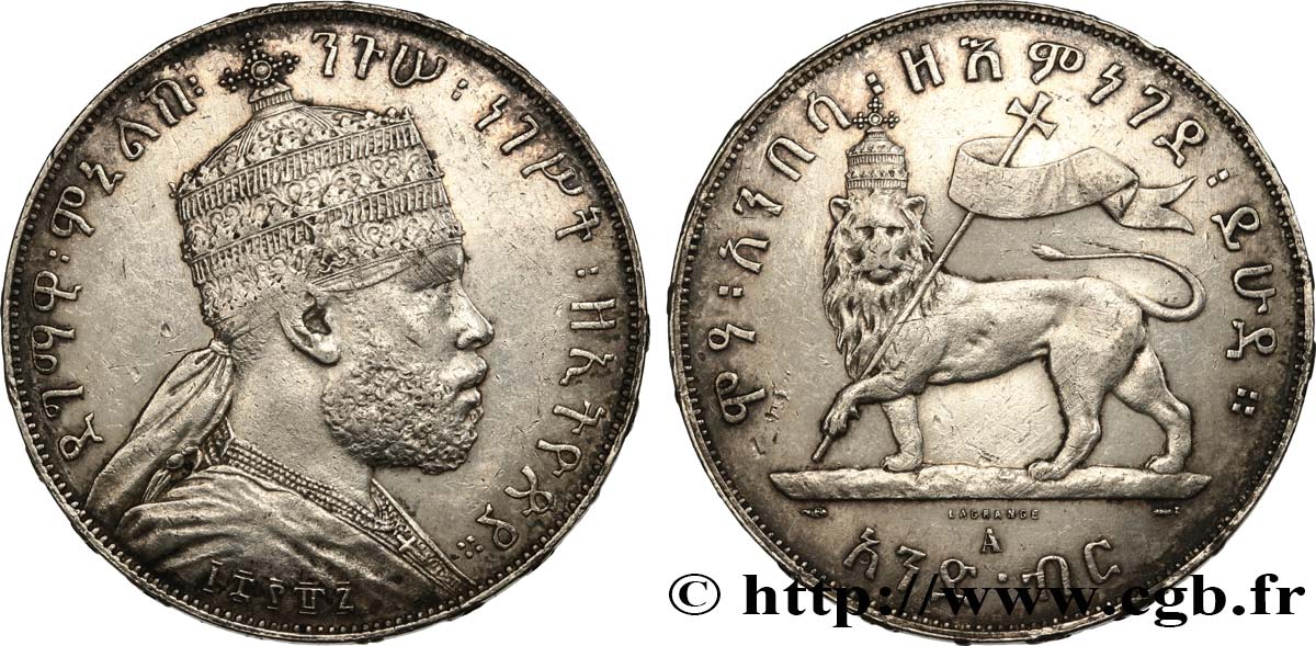 ETHIOPIA - ABYSSINIA - MENELIK II 1 Birr EE1887 1895 Paris XF 