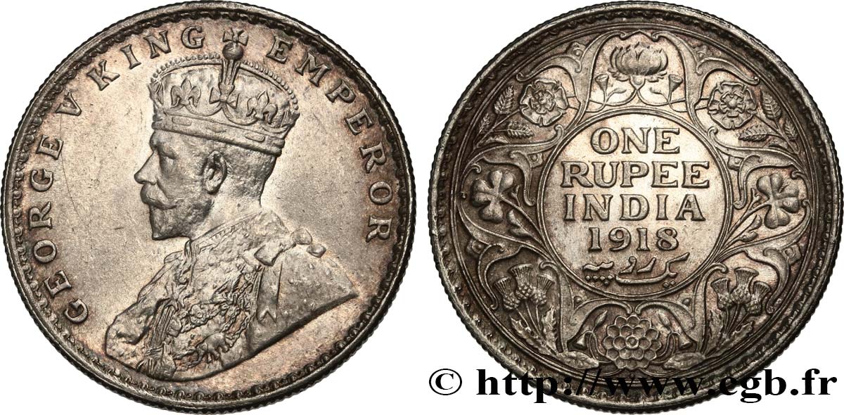 BRITISH INDIA 1 Roupie Georges V 1918 Bombay AU 