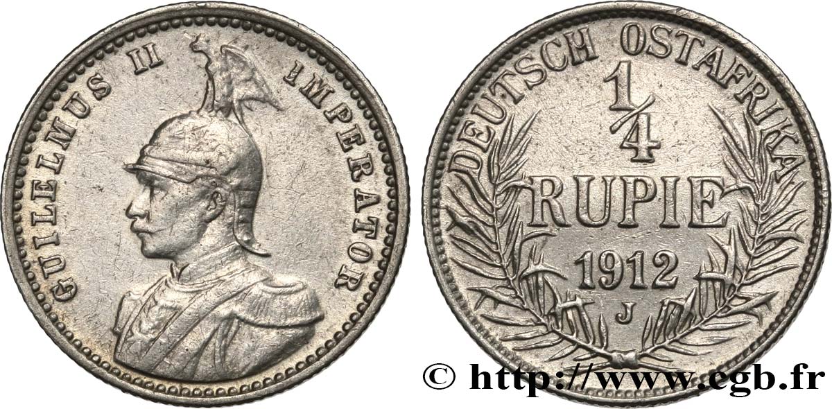 AFRIQUE ORIENTALE ALLEMANDE 1/4 Rupie (Roupie) Guillaume II 1912 Hambourg TTB 