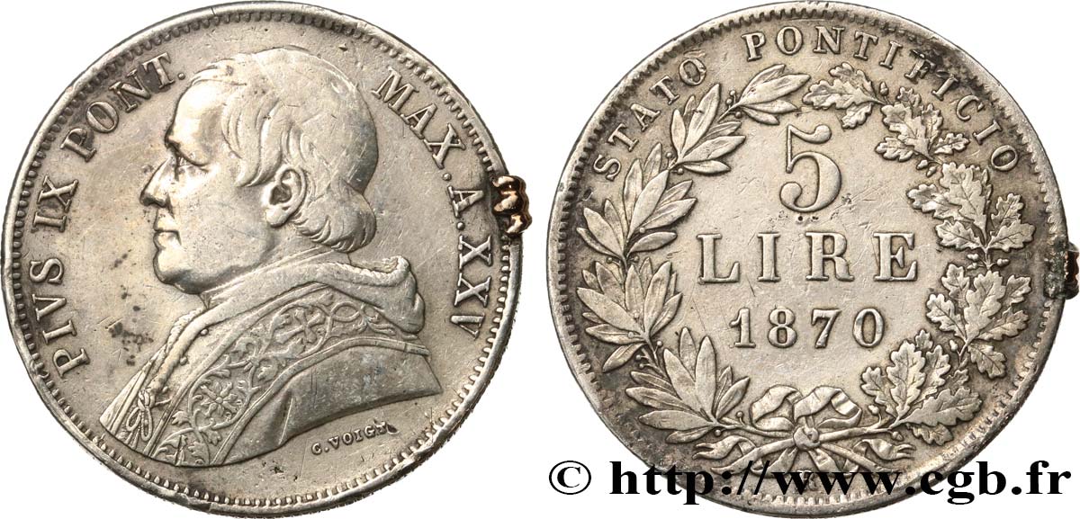 VATICAN ET ÉTATS PONTIFICAUX 5 Lire Pie IX an XXIV 1870 Rome TB+