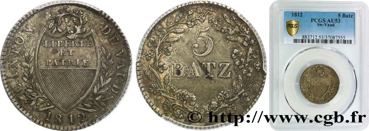 SWITZERLAND - CANTON OF VAUD 5 Batzen 1812  AU53 PCGS