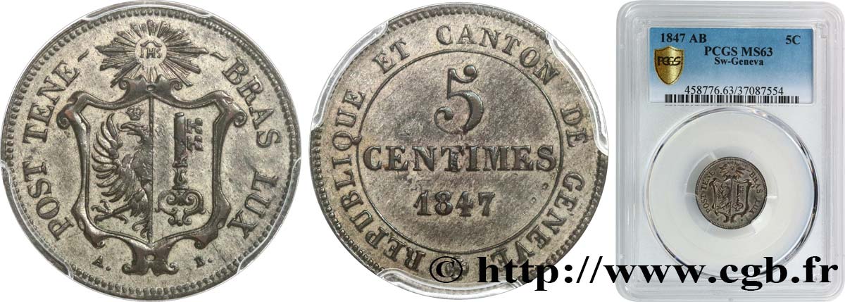 SWITZERLAND - REPUBLIC OF GENEVA 5 Centimes 1847  MS63 PCGS