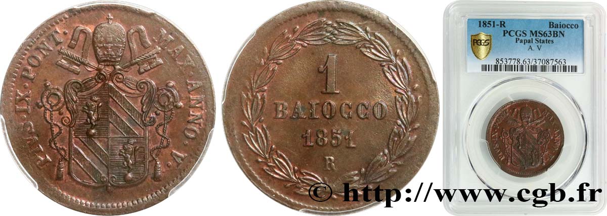 ITALIA - STATO PONTIFICIO - PIE IX (Giovanni Maria Mastai Ferretti) 1 Baiocco an V 1851 Rome MS63 PCGS