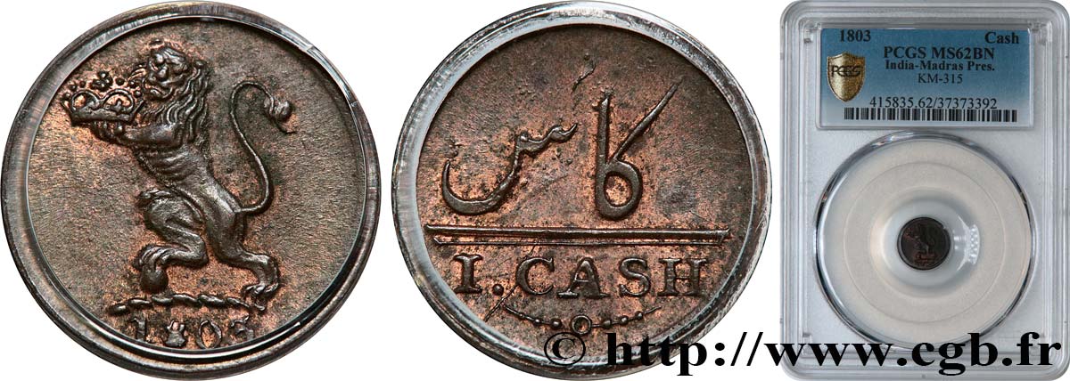 INDIA 1 Cash Madras East India Company 1803  MS62 PCGS