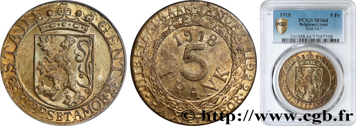 BELGIO 5 Francs ville de Gand occupée 1918  MS64 PCGS