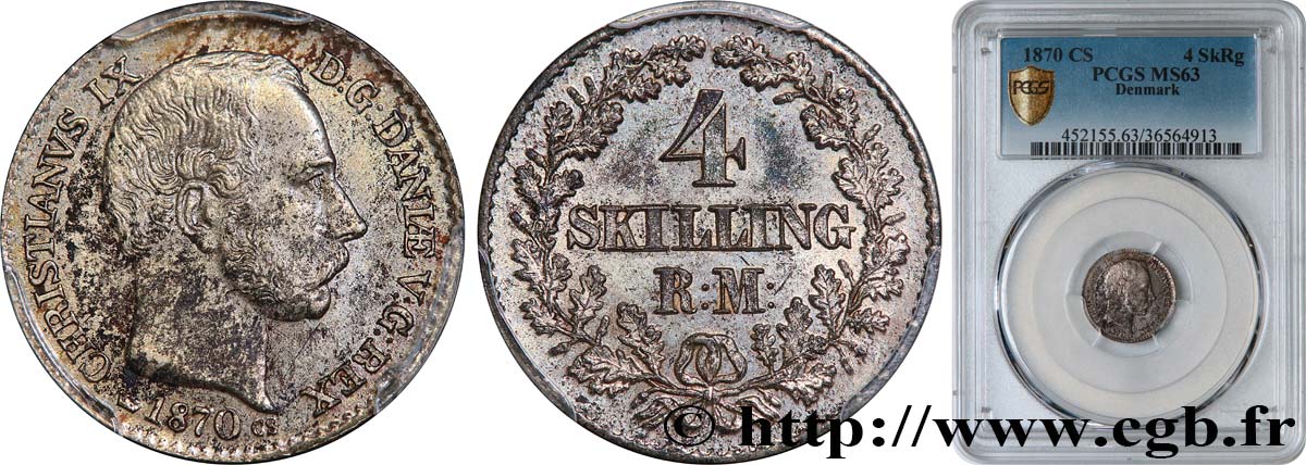 DENMARK - KINGDOM OF DENMARK - CHRISTIAN IX 4 Skilling 1870 Copenhague MS63 PCGS