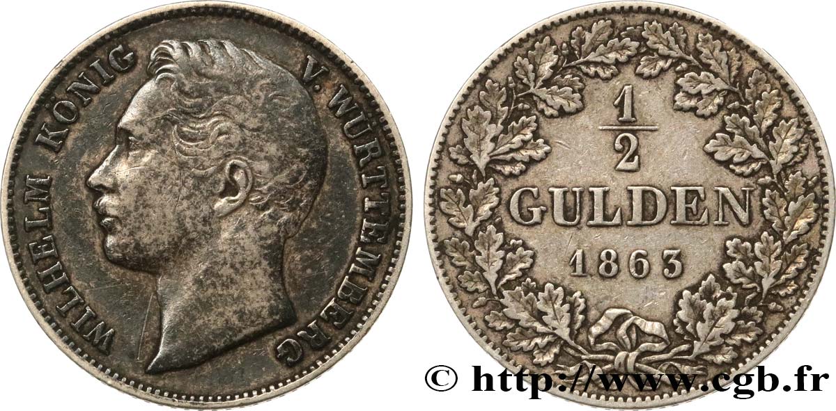 GERMANY - WÜRTTEMBERG 1/2 Gulden Guillaume 1863 Stuttgart XF 