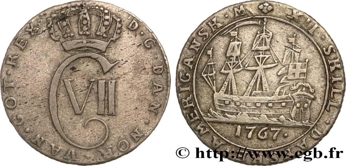 DANISH WEST INDIES (VIRGIN ISLANDS) 12 Skilling Christian VII 1767  VF 