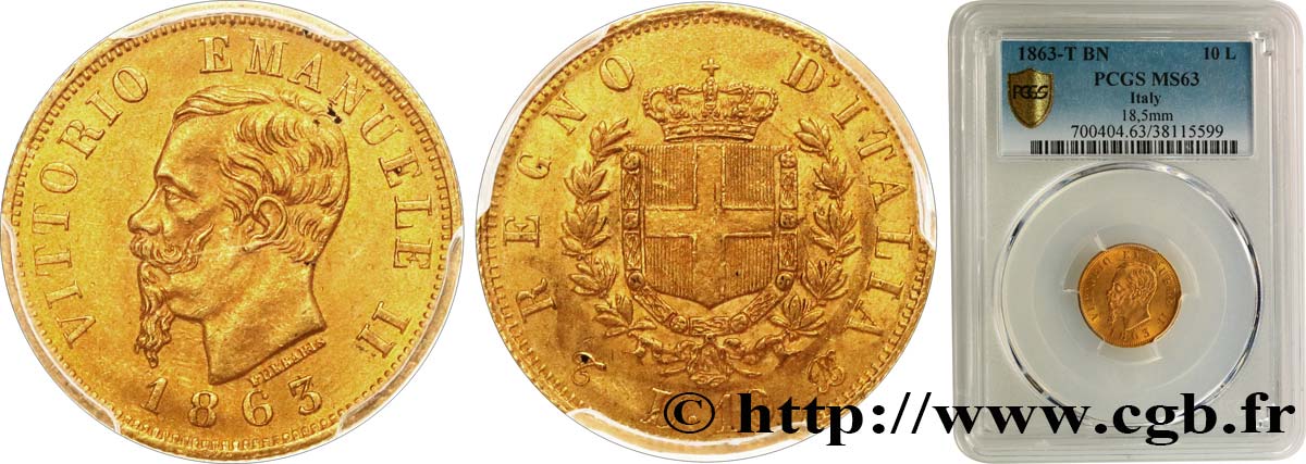 ITALY - KINGDOM OF ITALY - VICTOR-EMMANUEL II 10 Lire 1863 Turin MS63 PCGS