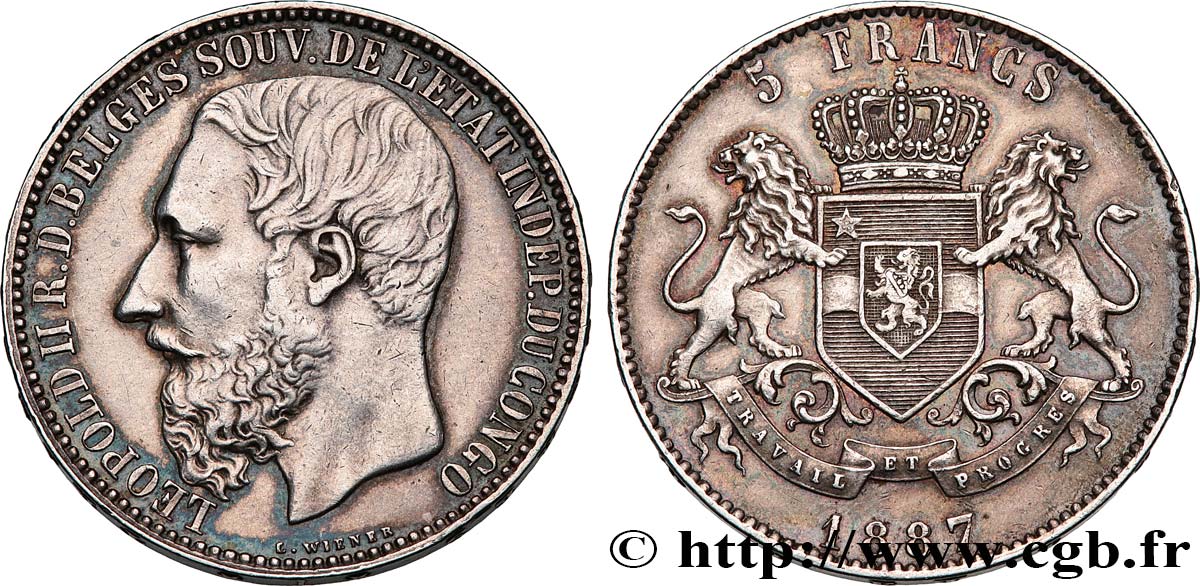CONGO - ÉTAT INDÉPENDANT DU CONGO - LÉOPOLD II 5 Francs 1887 Bruxelles q.SPL 
