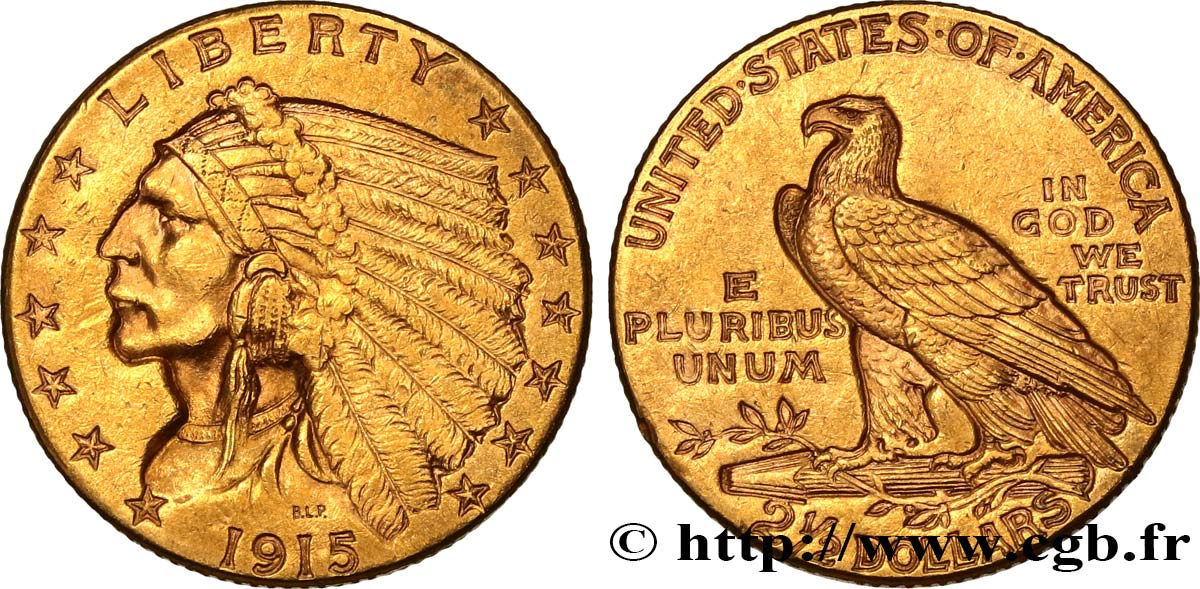 UNITED STATES OF AMERICA 2 1/2 Dollars  Indian Head  1915 Philadelphie AU 