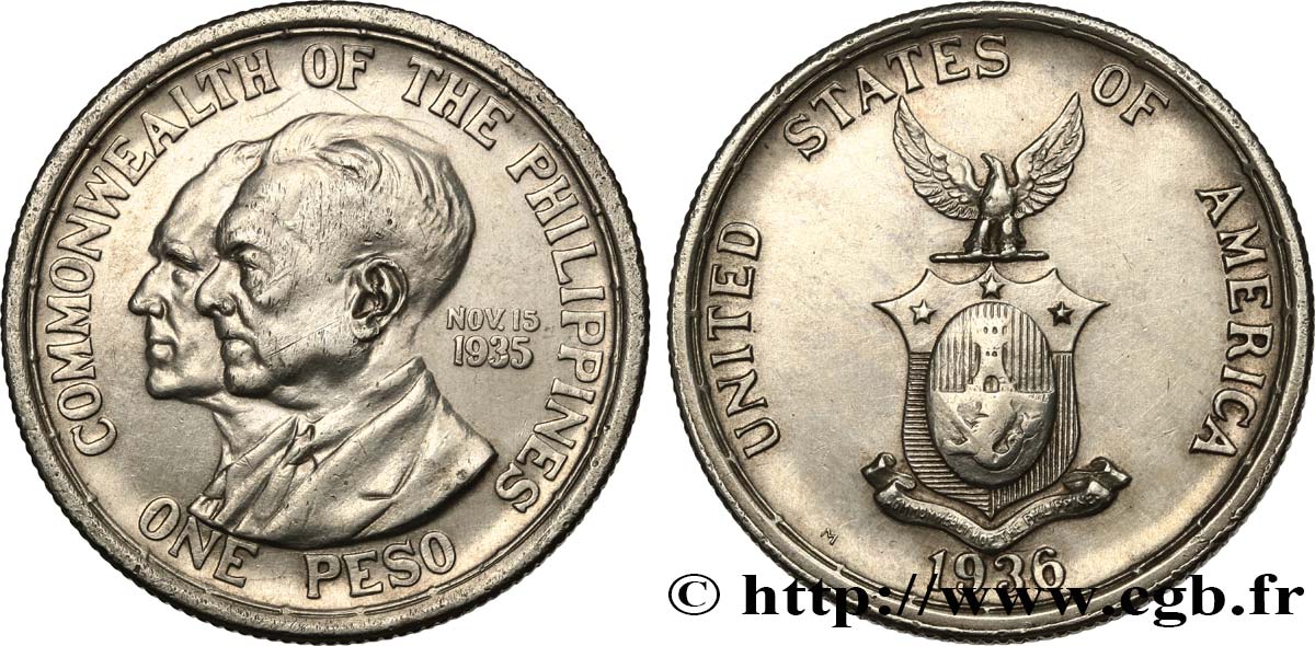 PHILIPPINEN 1 Peso création du Commonwealth Roosevelt-Quezon 1936 Manille fVZ 
