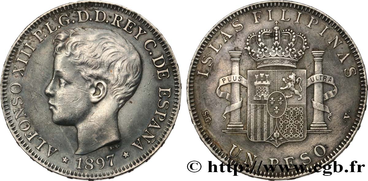 PHILIPPINEN 1 Peso Alphonse XIII 1897 Madrid fVZ 