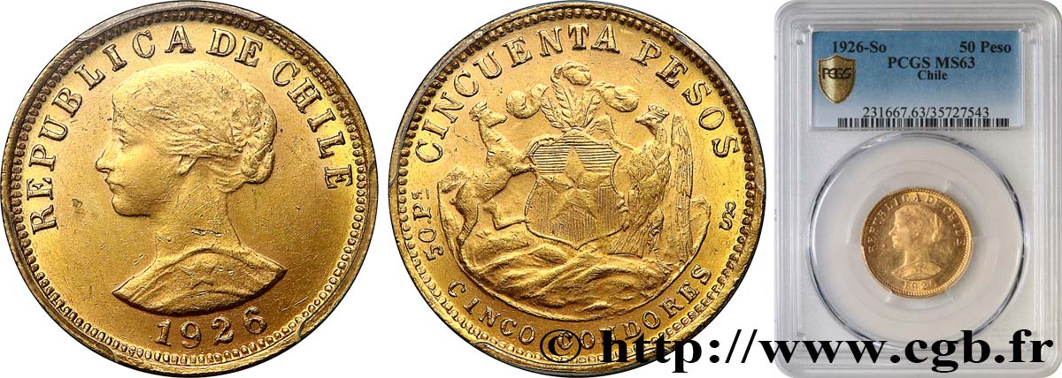 CHILI - RÉPUBLIQUE 50 Pesos or 1926 Santiago fST63 PCGS