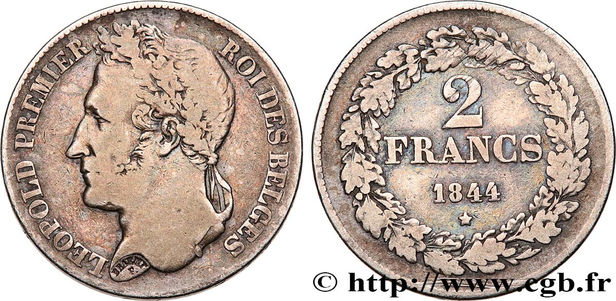 BELGIQUE - ROYAUME DE BELGIQUE - LÉOPOLD Ier 2 Francs tête laurée 1844  VF 