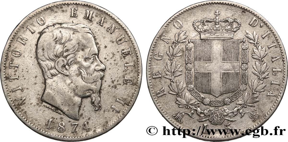 ITALIE 5 Lire Victor Emmanuel II 1874 Milan TB+