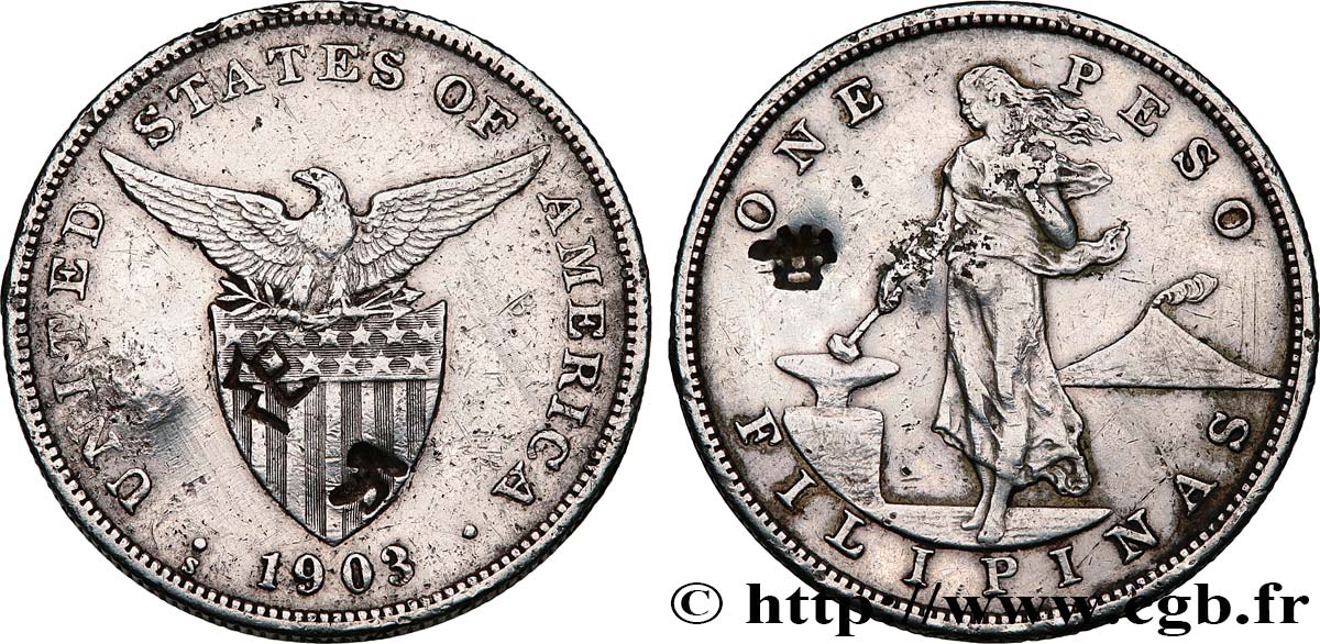 PHILIPPINES 1 Peso - Administration Américaine, contremarquée 1903  AU 