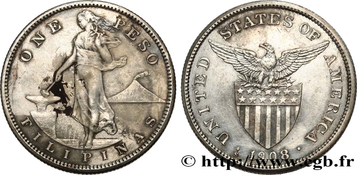 PHILIPPINES 1 Peso - Administration Américaine 1908 San Francisco - S AU/XF 