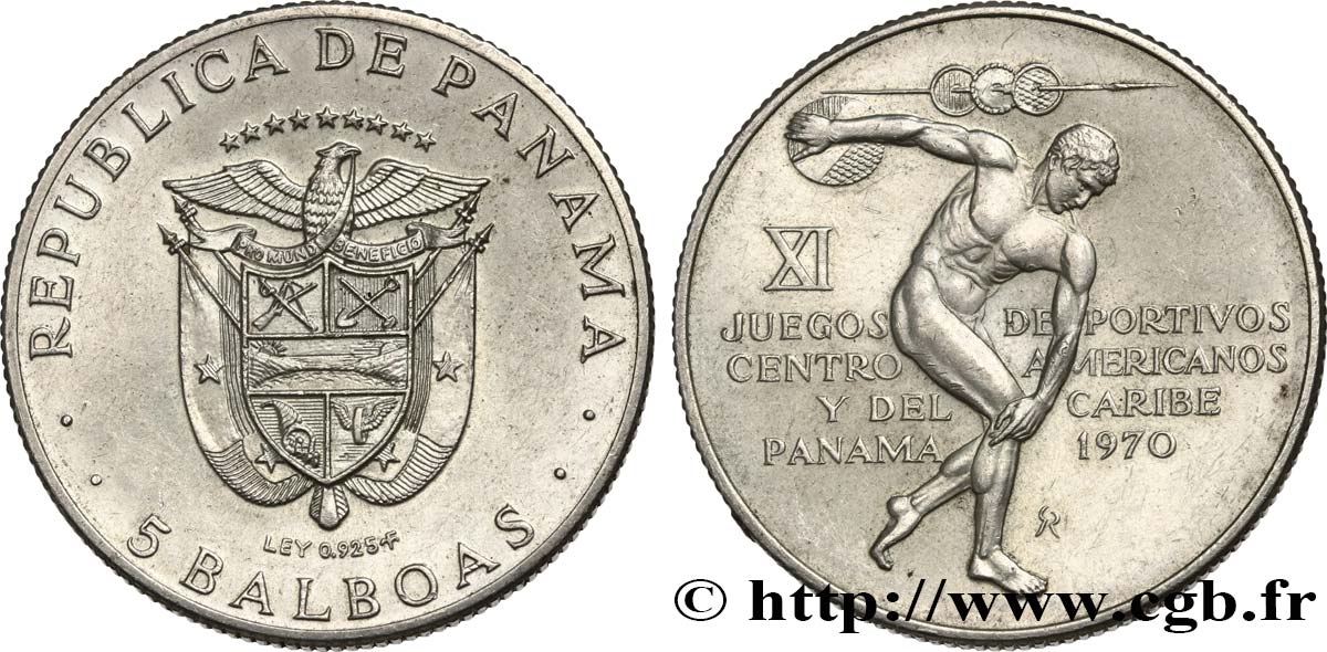 PANAMA 5 Balboas XIe Jeux Américains 1970 Franklin Mint AU 