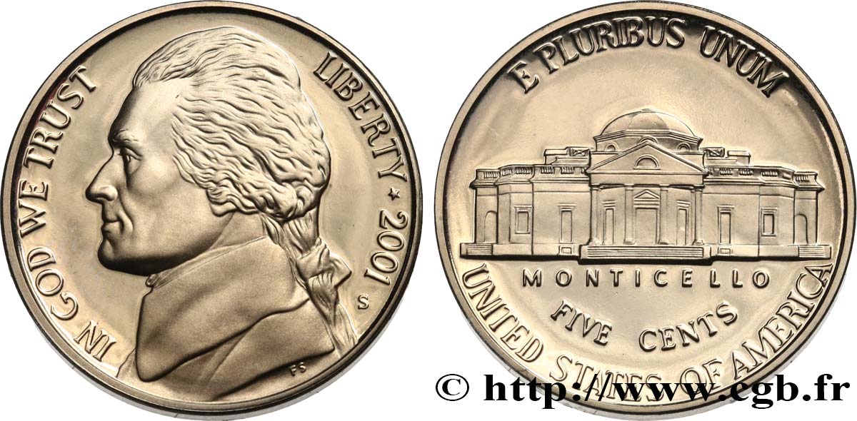 ÉTATS-UNIS D AMÉRIQUE 5 Cents président Thomas Jefferson d’après Rembrandt Peale - Proof 2001 San Francisco SPL