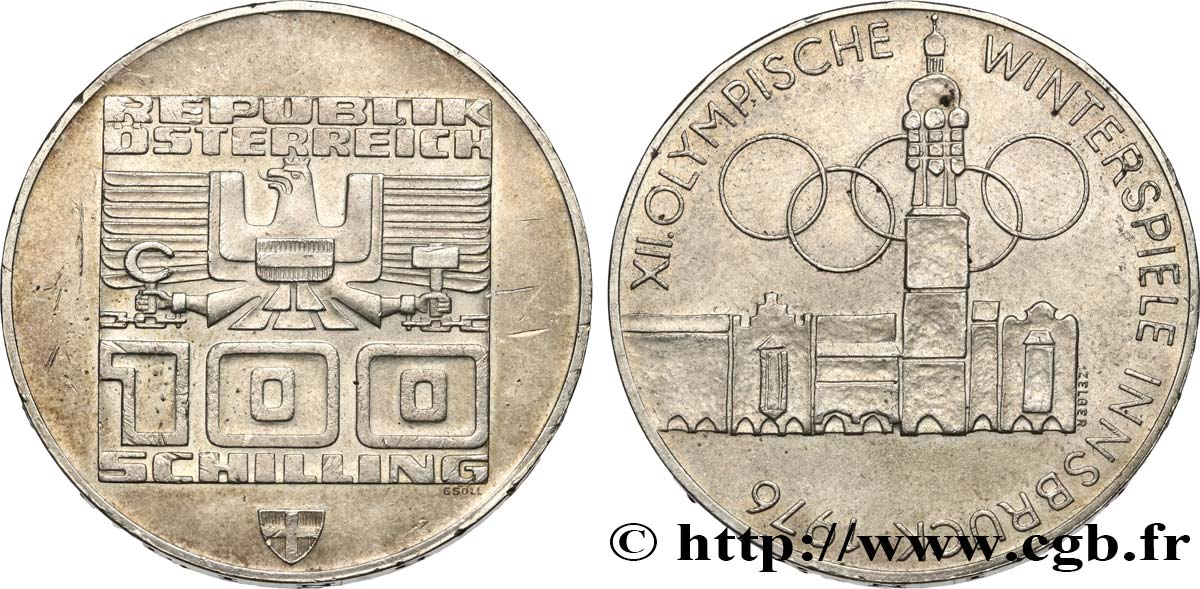 AUTRICHE 100 Schilling J.O. d’hiver d’Innsbruck 1976 - vue de la ville 1974 Vienne SUP