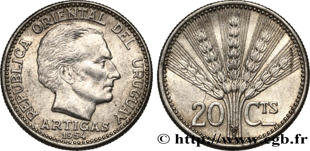 URUGUAY 20 Centesimos José Gervasio Artigas 1954 TTB+