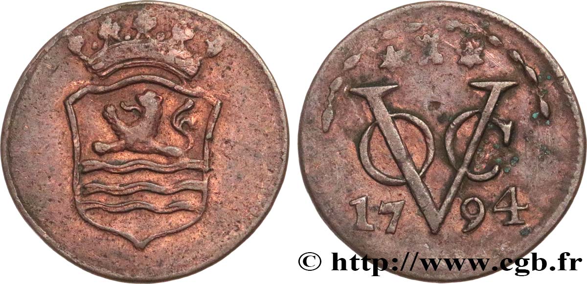 INDES NEERLANDAISES 1 Duit armes de Zélande 1794 TB+