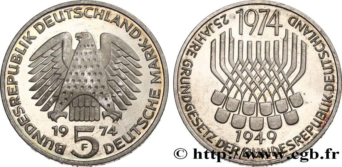 ALLEMAGNE 5 Mark Proof 25e anniversaire de la République Fédérale 1974 Stuttgart SPL