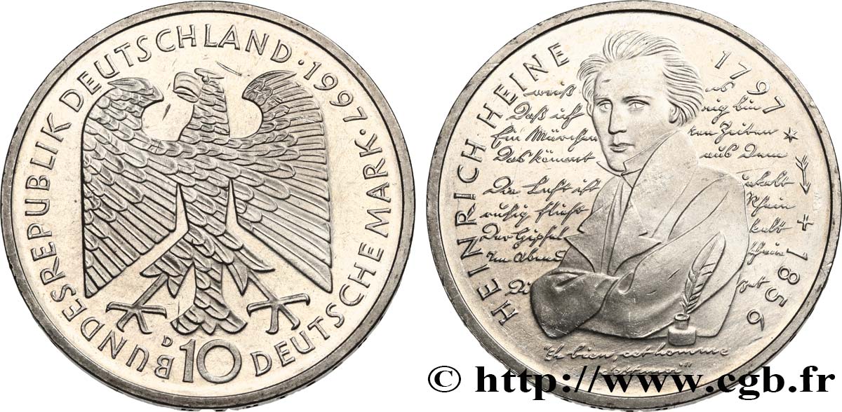 ALLEMAGNE 10 Mark 200e anniversaire de la naissance de Heinrich Heine 1997 Munich SPL