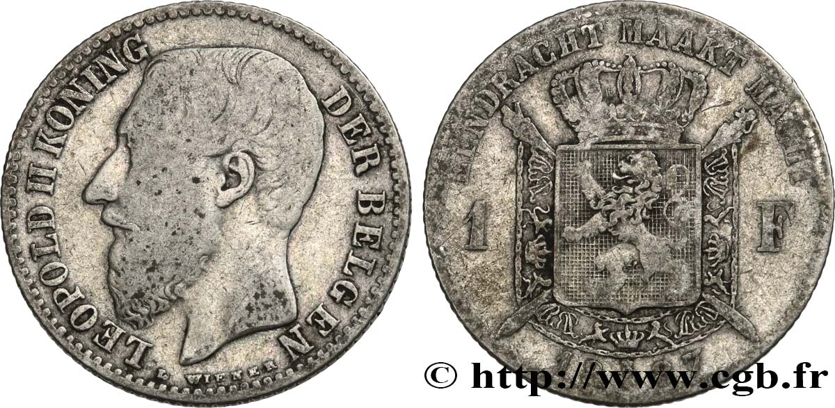 BELGIQUE 1 Frank (Franc) Léopold II légende flamande signature L WIENER 1887 TB