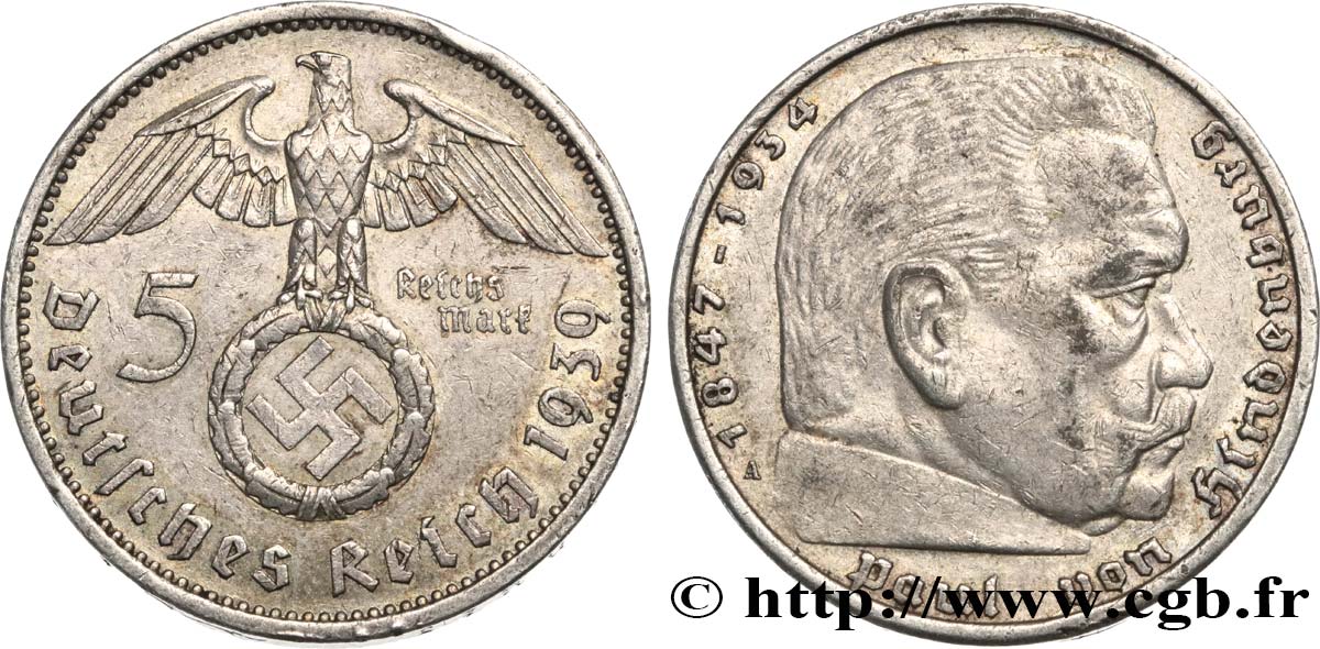 ALLEMAGNE 5 Reichsmark aigle / Maréchal Paul von Hindenburg 1939 Berlin TTB