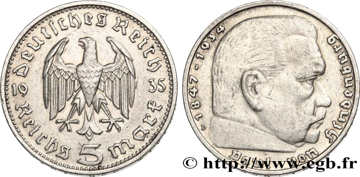 ALLEMAGNE 5 Reichsmark Maréchal Paul von Hindenburg 1935 Munich TTB+