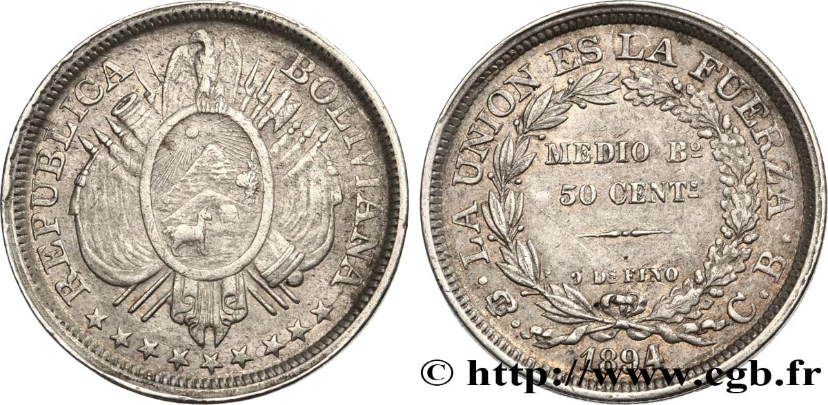 BOLIVIE 50 Centavos (1/2 Boliviano) 1894 Potosi TTB/TTB+