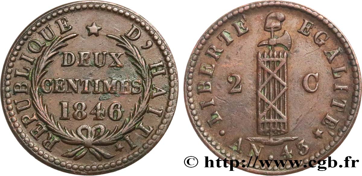 HAÏTI 2 Centimes faisceau, an 43 1846 TTB+