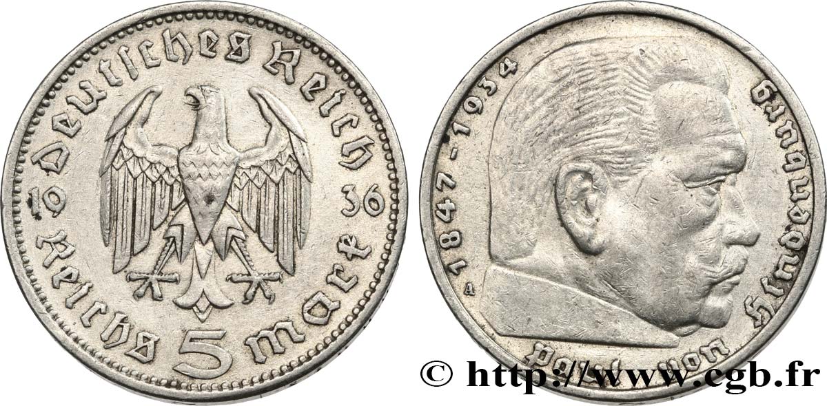 ALLEMAGNE 5 Reichsmark Maréchal Paul von Hindenburg 1936 Berlin TTB+