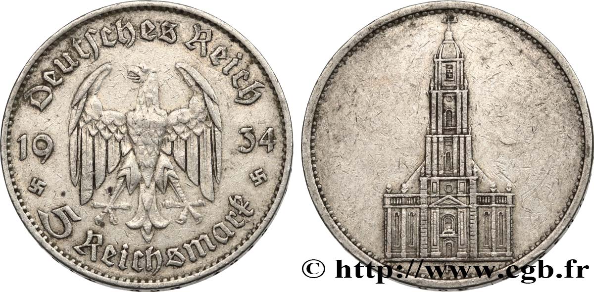 ALLEMAGNE 5 Reichsmark église de la garnison de Potsdam 1934 Stuttgart TTB