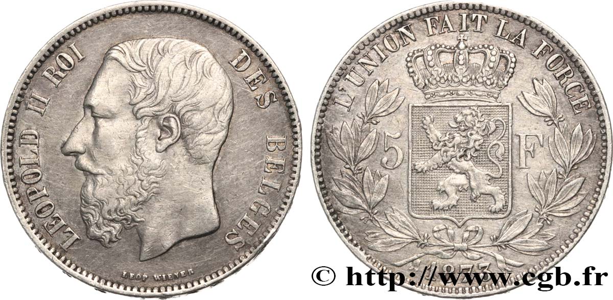 BELGIQUE 5 Francs Léopold II 1873 TTB/TTB+
