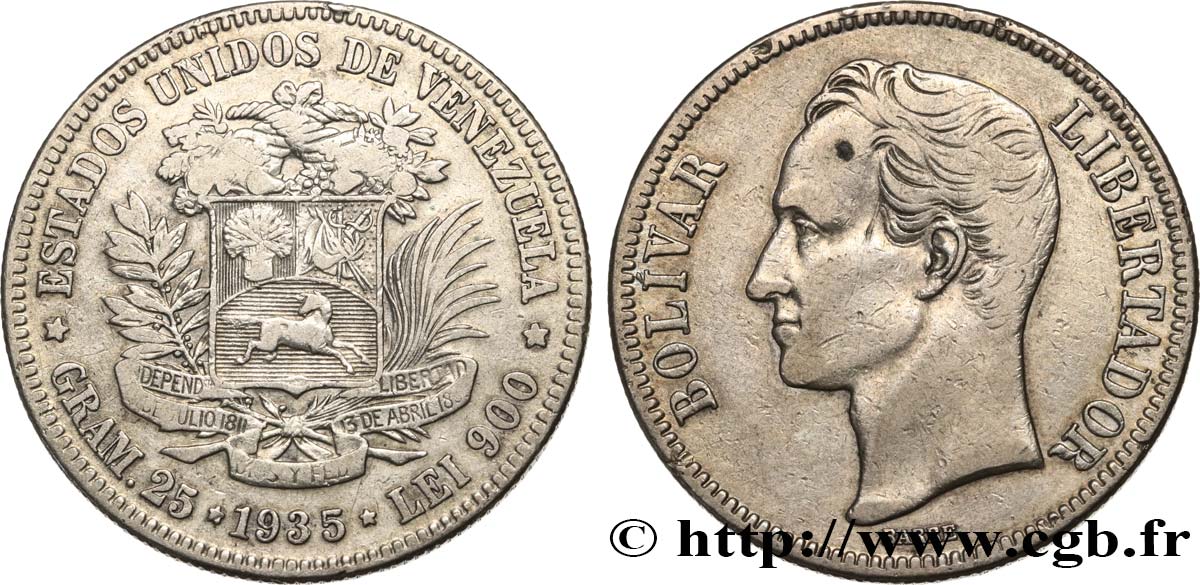 VENEZUELA 5 Bolivares Simon Bolivar 1935 Philadelphie TB+